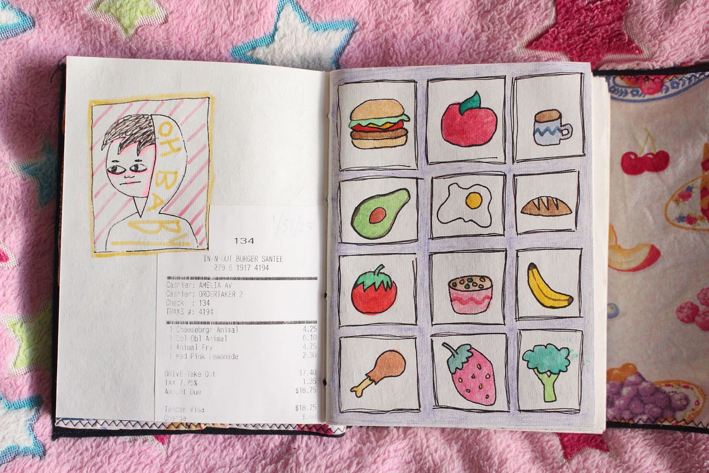 an art journal spread with drawings of food on one page, and a drawing of a guy on the other
