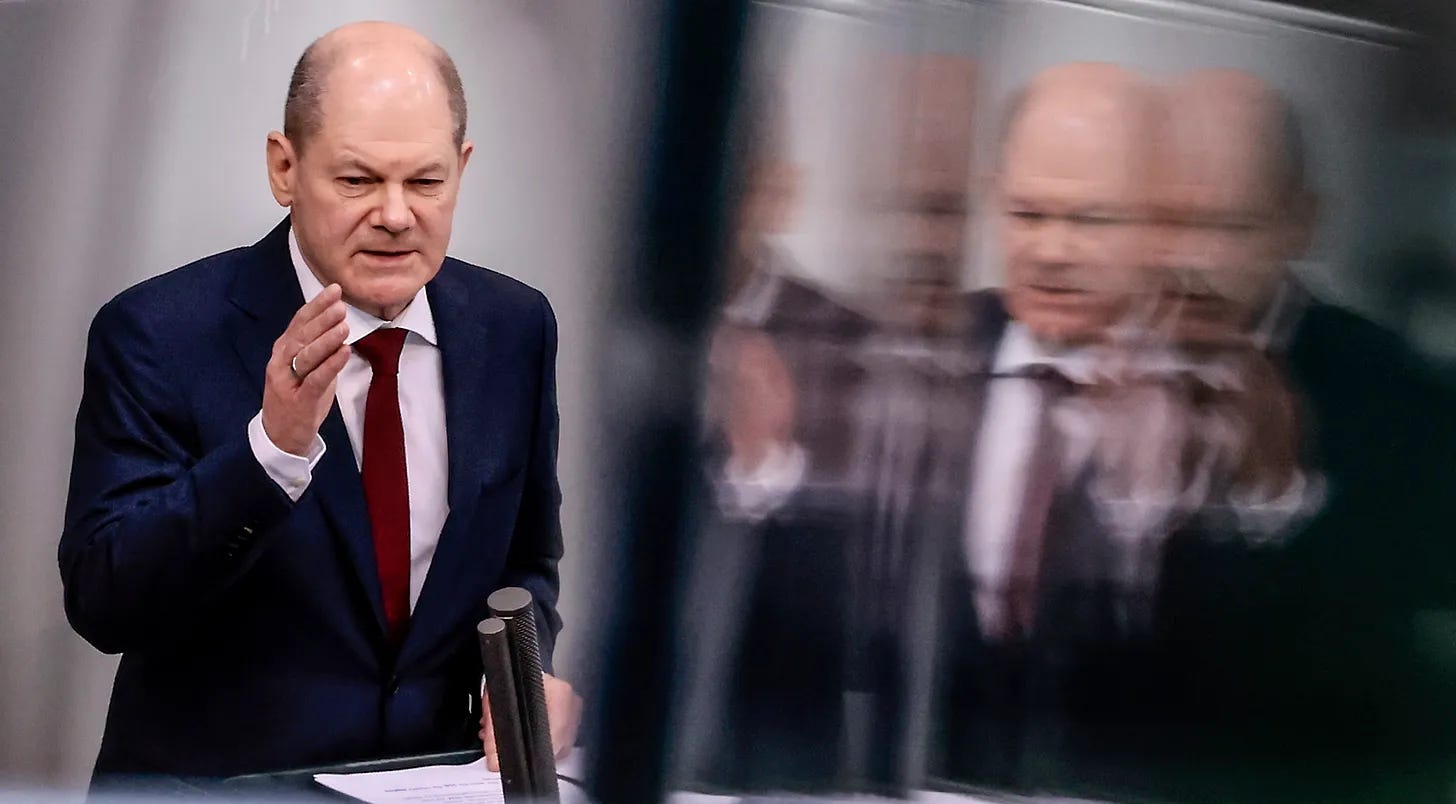 German Chancellor Olaf Scholz delivers his “Zeitenwende speech” during a meeting of the German federal parliament on February 27, 2022. (Photo by Hannibal Hanschke/Getty Images). German Chancellor Olaf Scholz delivers his “Zeitenwende speech” during a meeting of the German federal parliament on February 27, 2022. (Photo by Hannibal Hanschke/Getty Images).