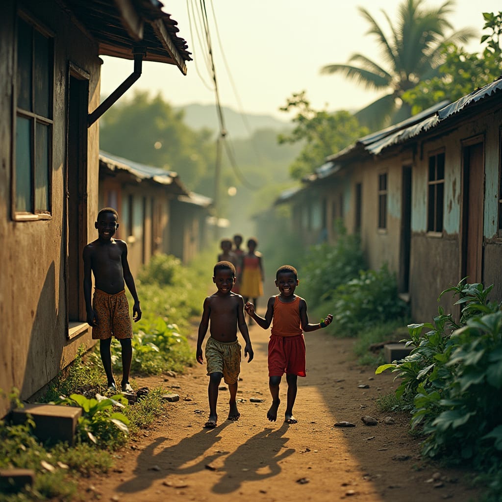 Vibrant Jamaican ghetto scene: plywood homes with corrugated zinc roofs, worn and weathered, surrounded by lush greenery, with children laughing and playing outside in the warm, golden light of day.