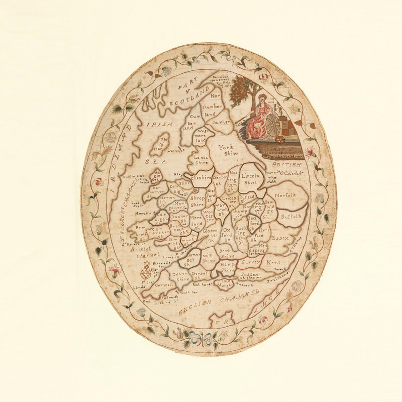 Oval map sampler of England and Wales, with the counties outlined and identified. With a portrait of Britannia in the upper right, and a flowering vine border. Oval map sampler of England and Wales, with the counties outlined and identified. With a portrait of Britannia in the upper right, and a flowering vine border.