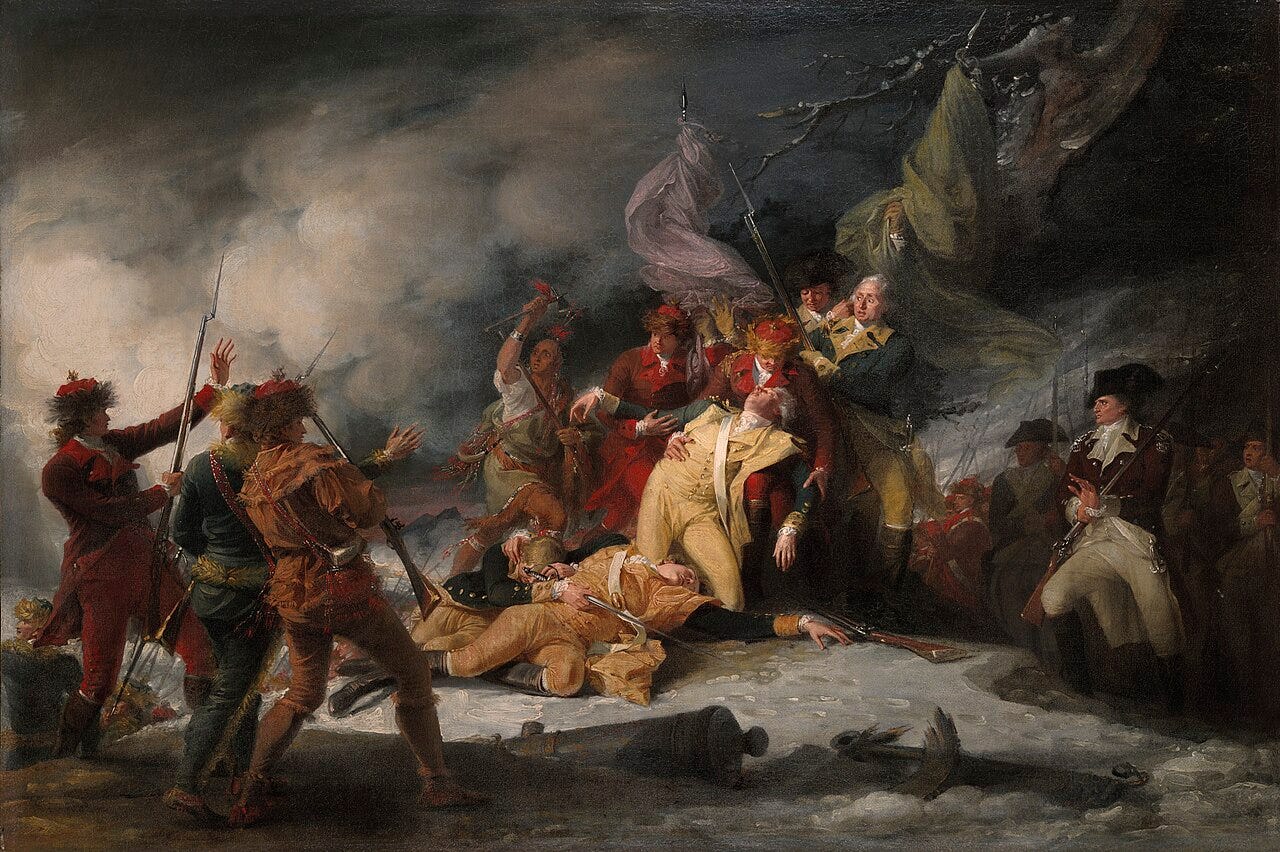 American general Richard Montgomery's body lies in the snow along with a few others, and he is surrounded by his officers, including men in army uniforms and hunting garb. A cannon lies broken in the foreground, and snow and gun smoke swirl around the scene. An Oneida chief stands nearby with a raised tomahawk. American general Richard Montgomery's body lies in the snow along with a few others, and he is surrounded by his officers, including men in army uniforms and hunting garb. A cannon lies broken in the foreground, and snow and gun smoke swirl around the scene. An Oneida chief stands nearby with a raised tomahawk.