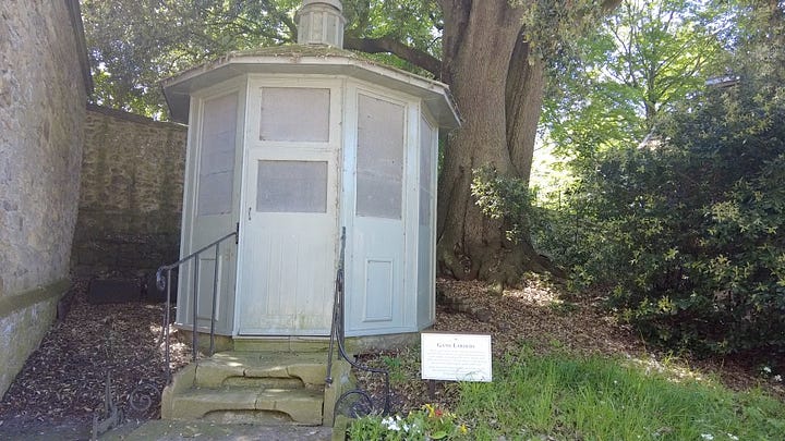 Four photos. The game larders and ice house at Sherborne Castle and Gardens. The sign tells us more about the ice house. There are gratings over the steep drop into the bottom of the ice house where the ice was stored. Images: Roland's Travels