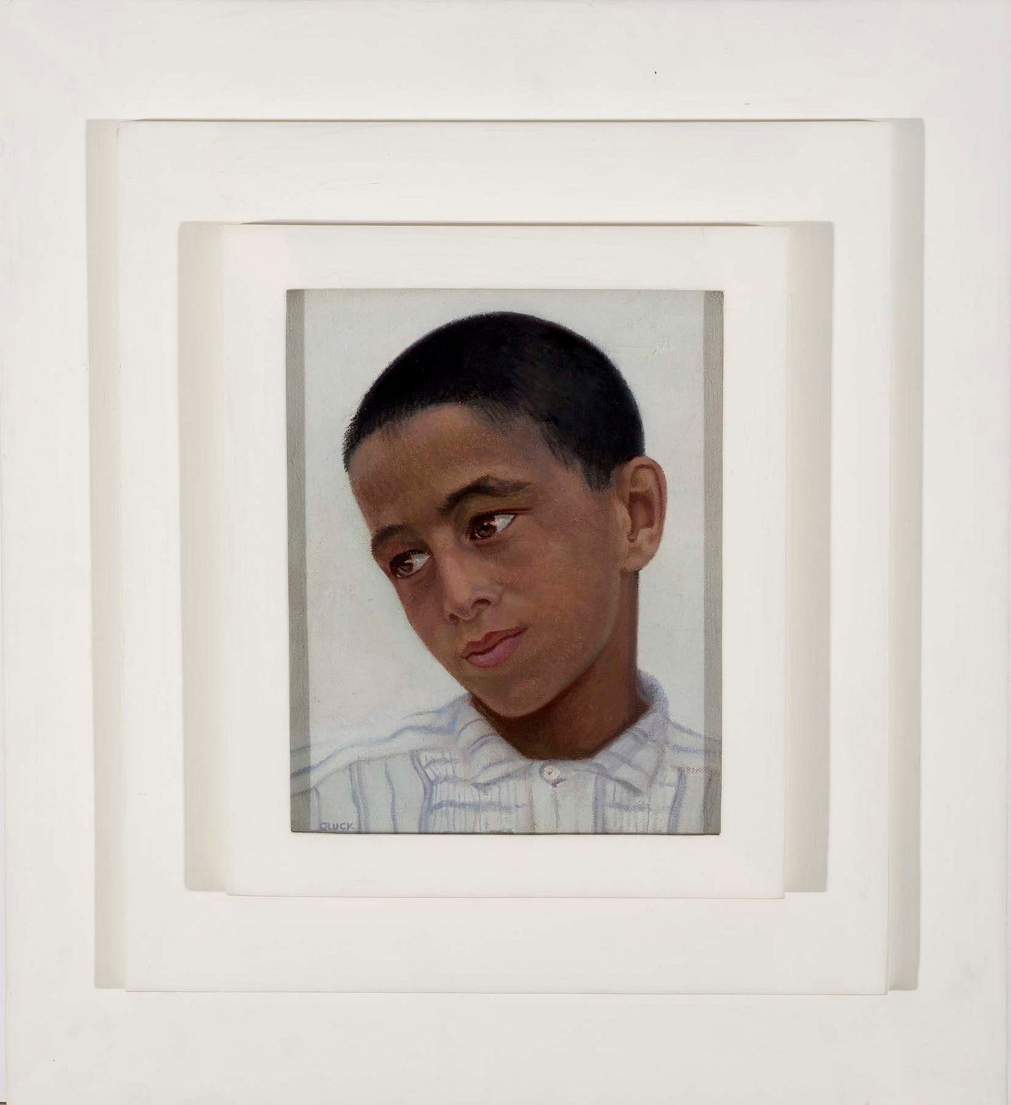 Portrait of a young black boy with short black hair, wearing a striped shirt. He gazes thoughtfully to the side. Framed in a layered white Gluck frame, evoking calm. Portrait of a young black boy with short black hair, wearing a striped shirt. He gazes thoughtfully to the side. Framed in a layered white Gluck frame, evoking calm.