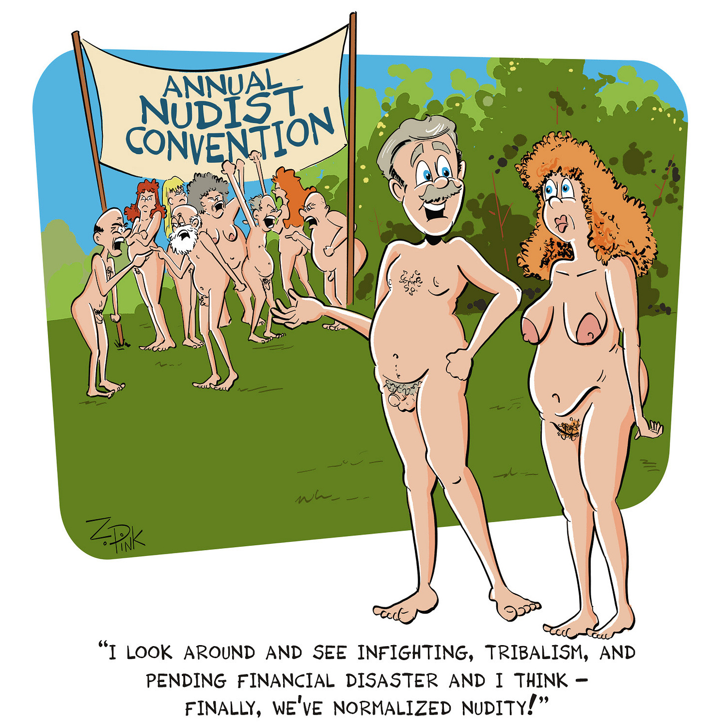 Two nude people, a man and a woman, are in the foreground. In the background, beneath a banner reading “Annual Nudist Convention” are a number of other nude men and women, all engaged in various heated arguments with one another. The man in the foreground is speaking. The caption reads “I look around and see infighting, tribalism, and pending financial disaster and I think - finally, we’ve normalized nudity!”