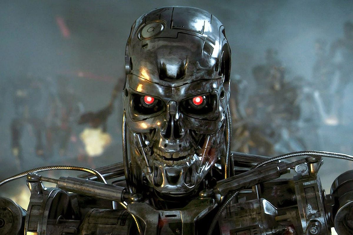 A robot from The Terminator film. It is shiney silver, red eyes, human teeth. A robot from The Terminator film. It is shiney silver, red eyes, human teeth.