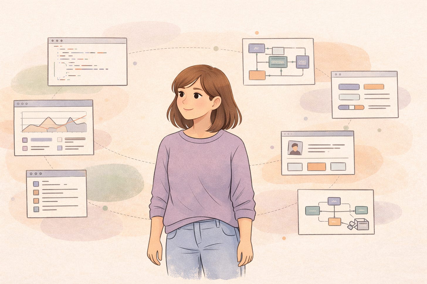 Illustration of a female developer standing calmly while surrounded by floating UI panels, dashboards, and architecture diagrams representing the systems she has built over time. Illustration of a female developer standing calmly while surrounded by floating UI panels, dashboards, and architecture diagrams representing the systems she has built over time.