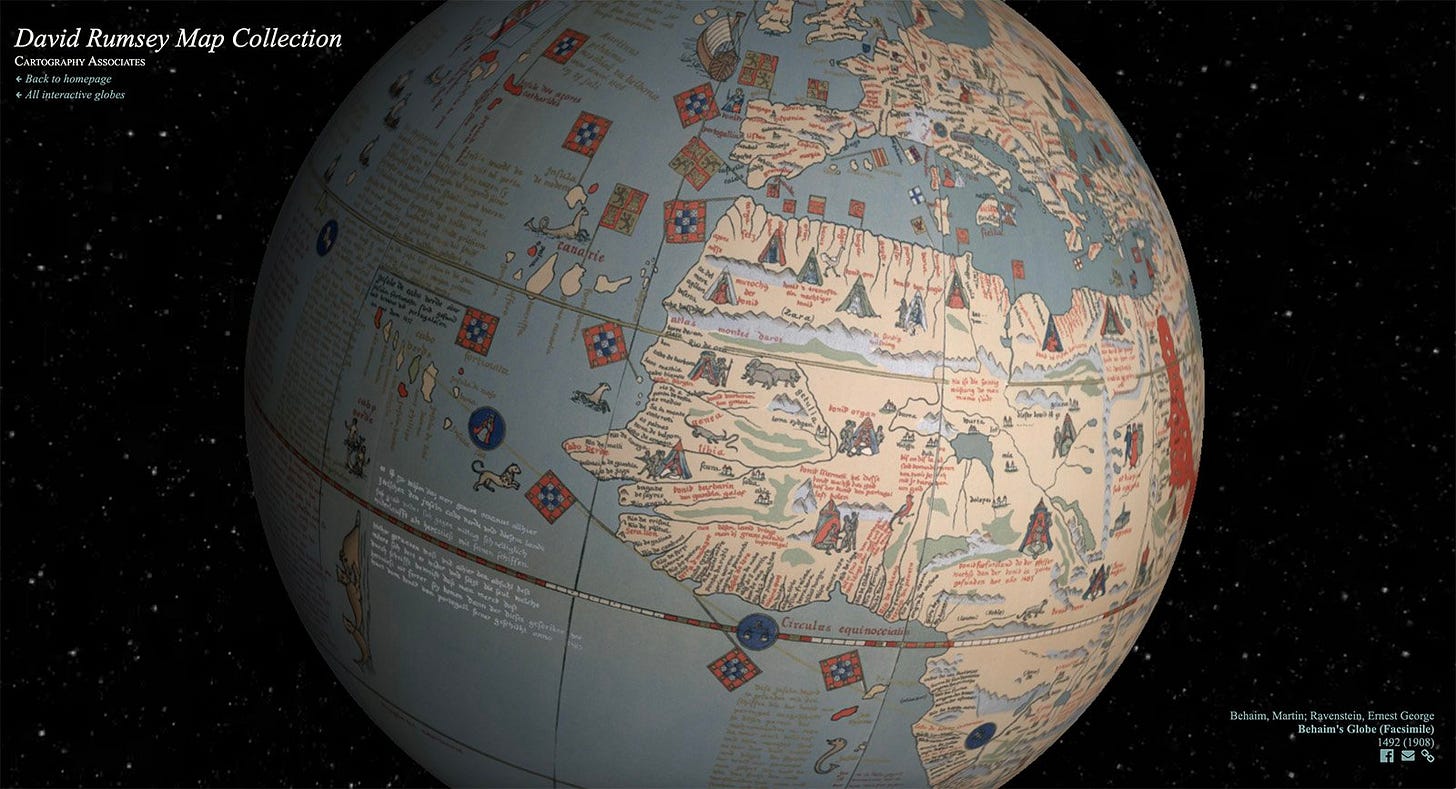 Zoomed view of the 1492 globe showing illustrated lands, ships, flags, mountains, and handwritten labels.