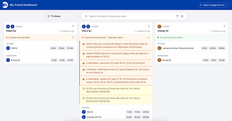 Screenshot of how service alerts first rendered, stacked high; Claude screenshot of instructions specifying the creation of a summary header for each station's active alerts that includes expand/collapse controls; screenshot of the resulting/current implementation