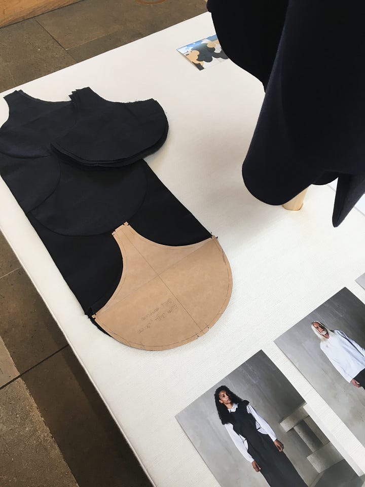 Photos that show the zero waste pattern cutting and innovative patchworking techniques used by the Phoebe English studio.