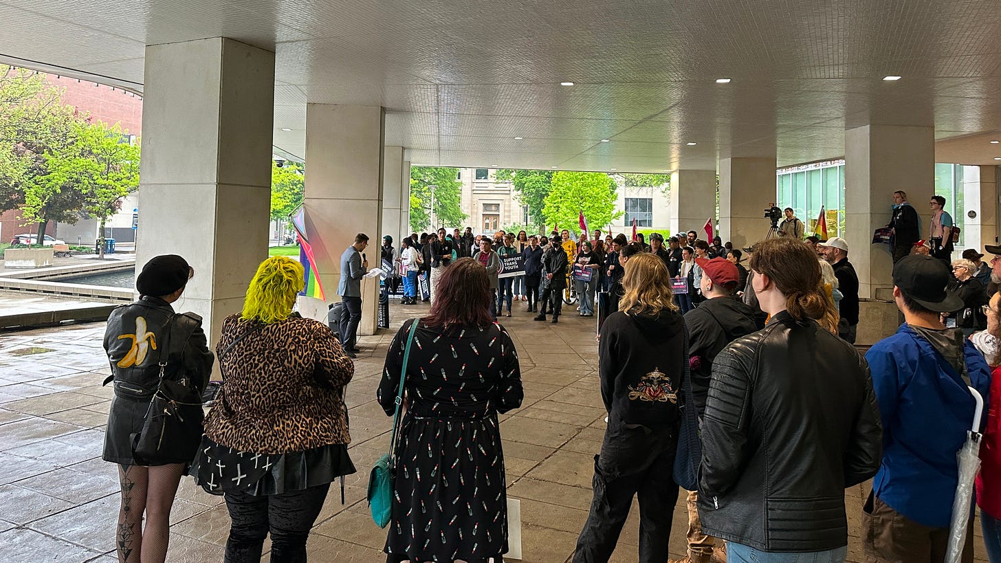 Lawyer Michael Blashko speaking in front of City Hall at the Rainbow Equality march and rally on Saturday, May 18