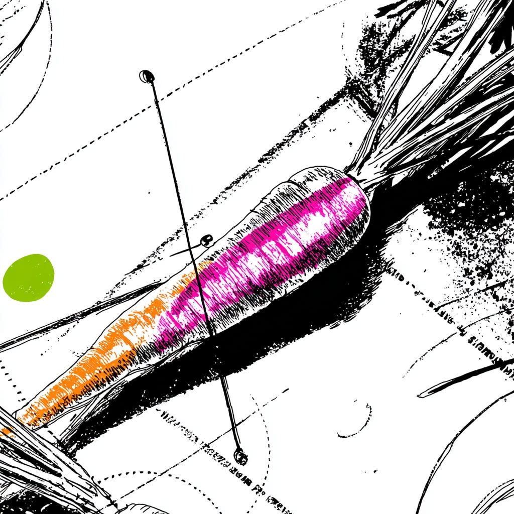A graphical key visual with a balance between a carrot and a stick in the style of a colorful black and white very thin lines sketch with one accent color on the main subject - Use for accent colors pink #e11a72 and green #65a30d color. The rest of the image should be black and white. If the user ask for anothe accent color, change it accordingly. - The image orientation should be square. - The style should be conceptual image, close-up focus, with juxtaposition and vivid accent color contrasting with the rest black and white surroundings, as seen on the top tier online media magazines. - Derrive the subject of the image from the input article. - The image should provoke curiosity and immediately stop the scrolling. - The image should have minimalistic design. - The sketch should be fine and abtrsact. - The concept shiuld visualize the main idea of the article.