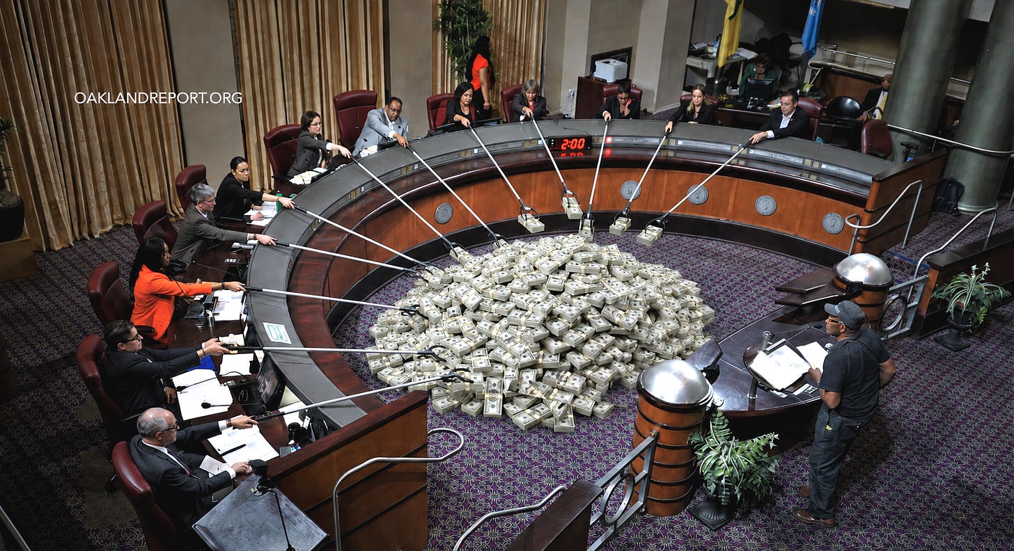 The city council is set to vote on a change to the Oakland city charter that would give the city council members up to 125% pay raises. (Image source: City of Oakland / Oakland Report)