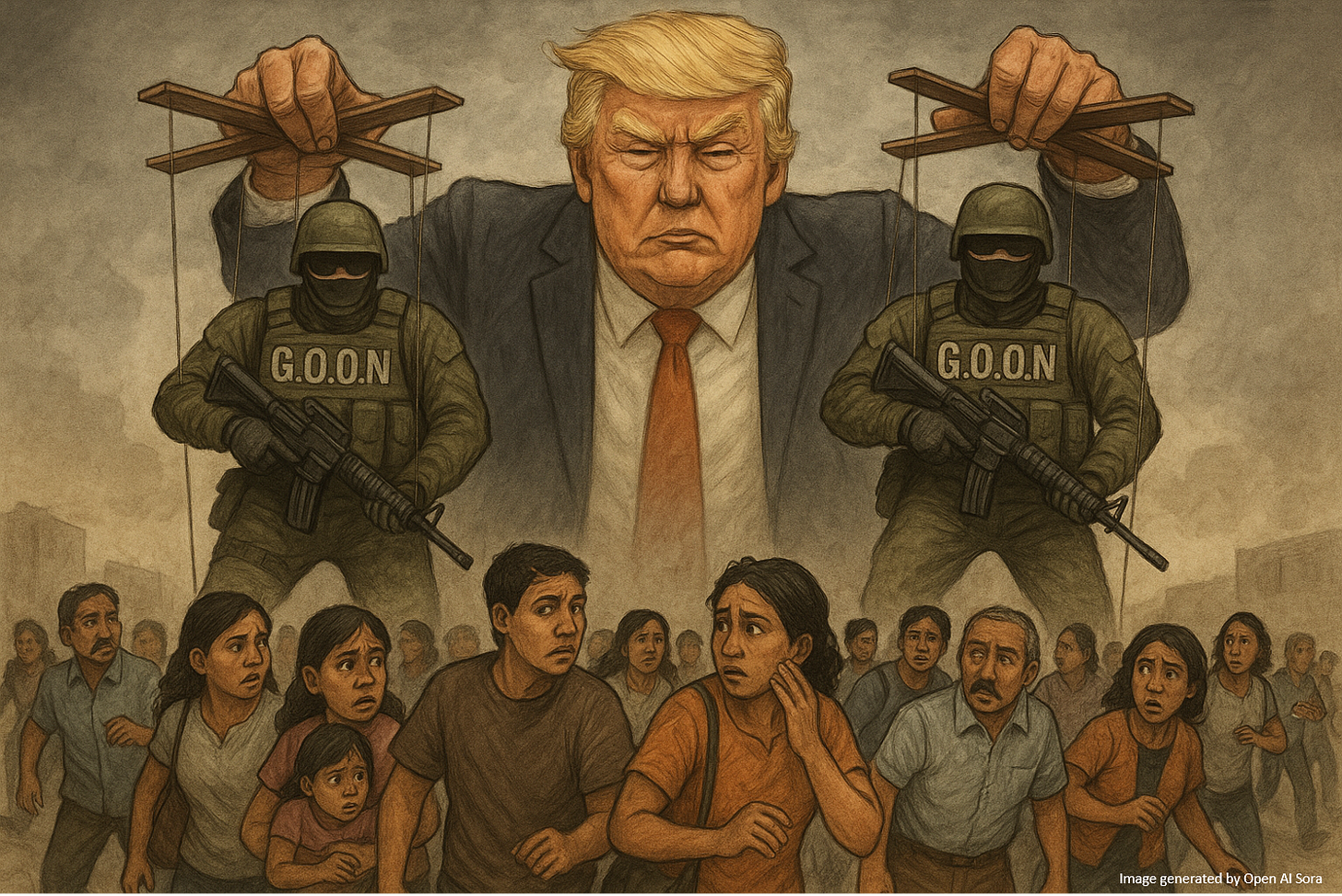 Picture of a giant Donald Trump holding the strings of two giant, armed puppet soldiers. A crowd of frightened Hispanic people are running from Trump and the soldier puppets.