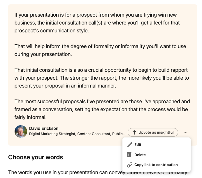 Screenshot of the editing functions for LinkedIn's AI-generated collaborative feature