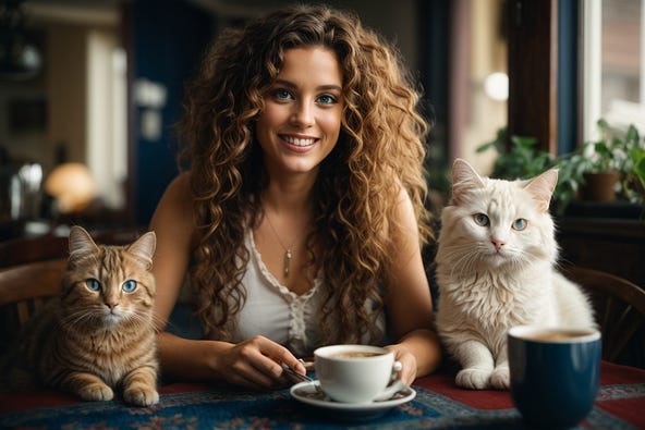 Gorgeous curly long haired woman with blue eyes sitting at a table with a cup of coffee. One white cat is at her right and a brown cat at her left.