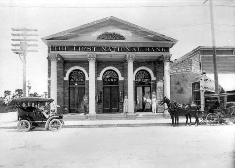 First National Bank of Miami building in the 1910s. Courtesy of Florida State Archives. First National Bank of Miami building in the 1910s. Courtesy of Florida State Archives.