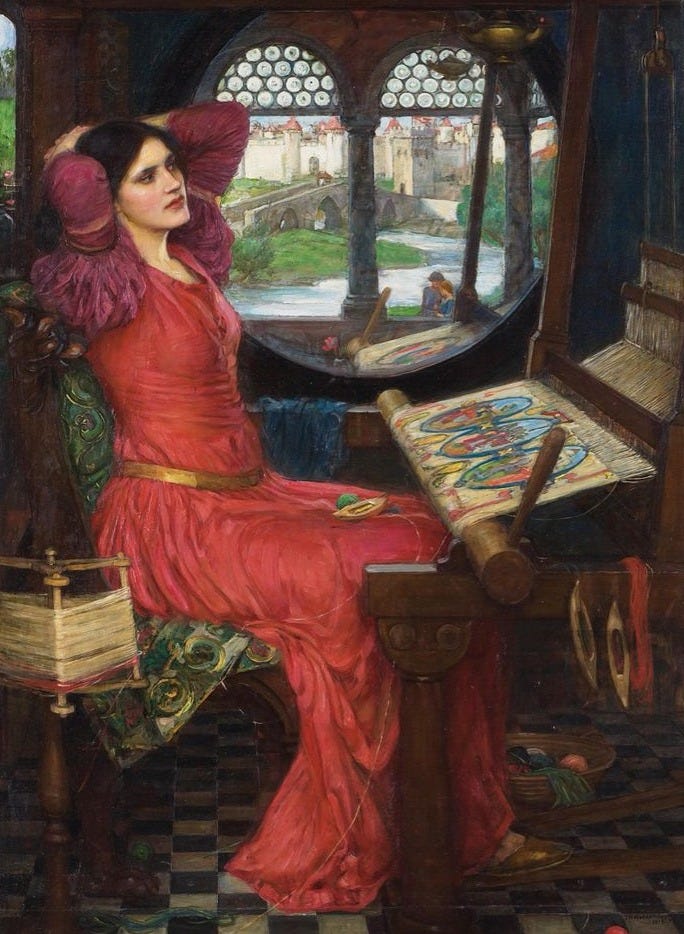 This may contain: a painting of a woman in a red dress sitting at a desk looking out a window