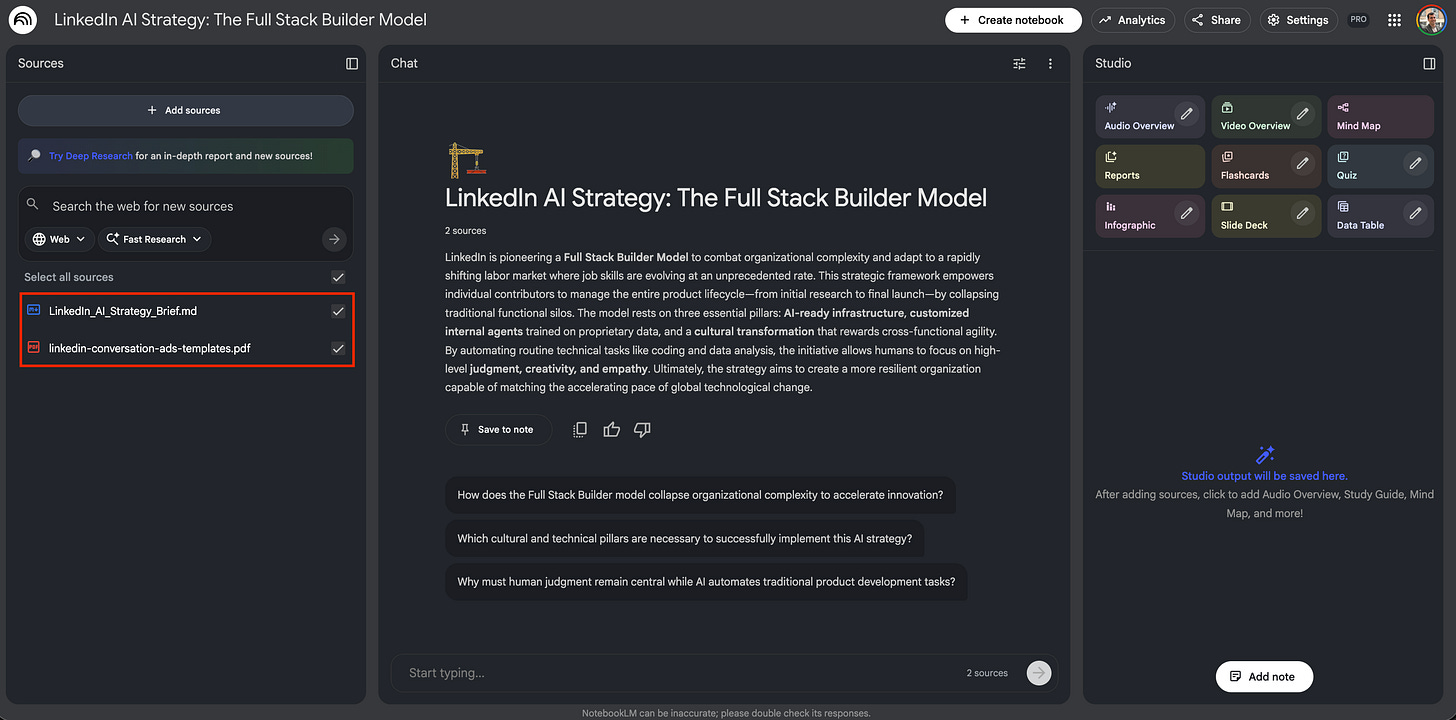 Screenshot of the NotebookLM interface with the Sources panel on the left highlighting two uploaded files: LinkedIn_AI_Strategy_Brief.md and linkedin-conversation-ads-templates.pdf