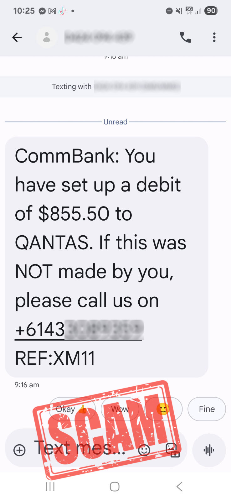Screensot of scam text claiming you have set up a debit payment for QANTAS.