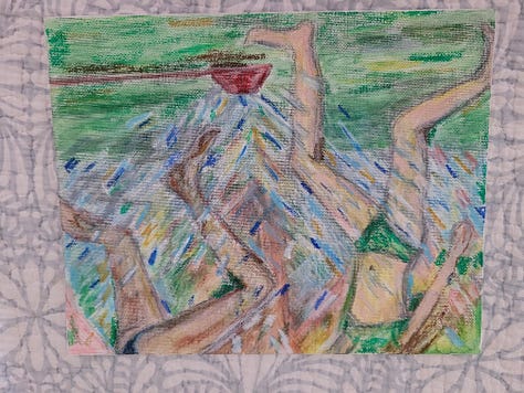 Woman with art easel, a bouquet of flowers, a series of artworks