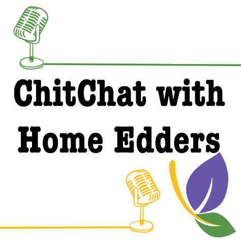 three logos for the sections in this Substack,Books Update has my leafy butterfly reading a book, ChitChat with Home Edders has microphones becuase they are audio conversations. Transcripts will be provided. Home Ed Articles has a rabbit indicating a roaming trail of discovery.
