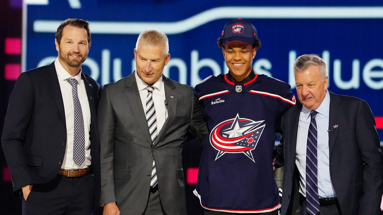 Members of the Columbus Blue Jackets front office pose with Cayden Lindstrom at the 2024 NHL Entry Draft.