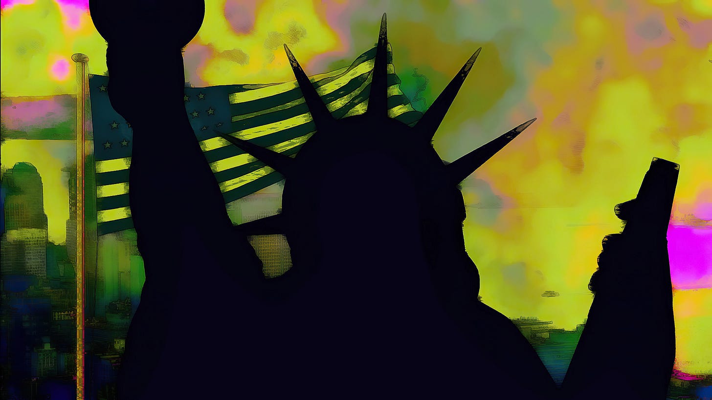 Black outline of statue of liberty on a crazy background