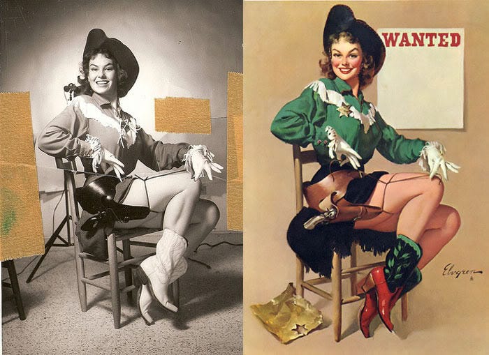 Witness Gil Elvgren's creative evolution: a model's original pose becomes the iconic, vibrant 'Wanted' pin-up, infused with his signature playful style. Witness Gil Elvgren's creative evolution: a model's original pose becomes the iconic, vibrant 'Wanted' pin-up, infused with his signature playful style.
