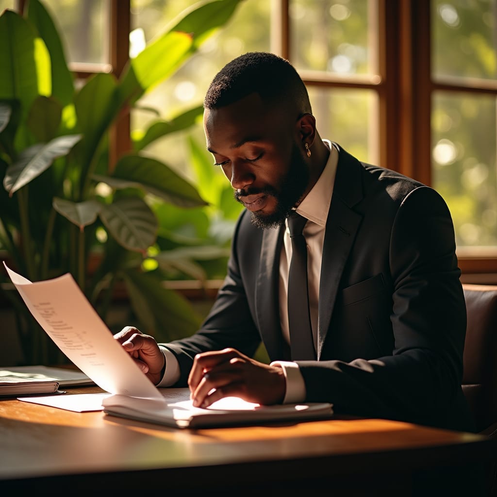 Ambitious black mortgage broker in a crisp, tailored suit, pouring over financial documents at a wooden desk, surrounded by lush Jamaican foliage