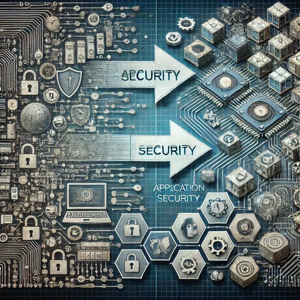 An image representing the transition from Application Security to Product Security without using text, characters, or words. The visual should symbolize the evolution of security practices from a narrow application focus to a broader product perspective. Depict a concept of interconnected systems, including digital grids, secure connections, overlapping layers symbolizing software components, and abstract representations of cybersecurity like shields, locks, and circuit lines. Include elements that convey the complexity and integration of multiple software elements working as a cohesive product, reflecting a shift towards holistic security.