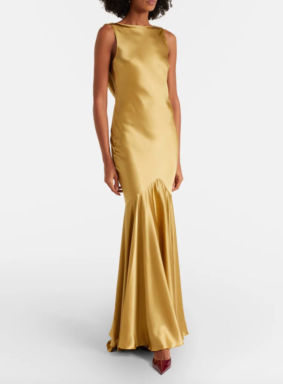 slim fit dress slacks Gold Satin Fitted Maxi Gown halter neck wedding guest dress- Loa main image 1