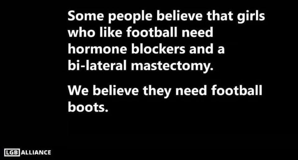 May be an image of text that says 'Some people believe that girls who like football need hormone blockers and a bi-lateral mastectomy. We believe they need football boots. LGB ALLIANCE'