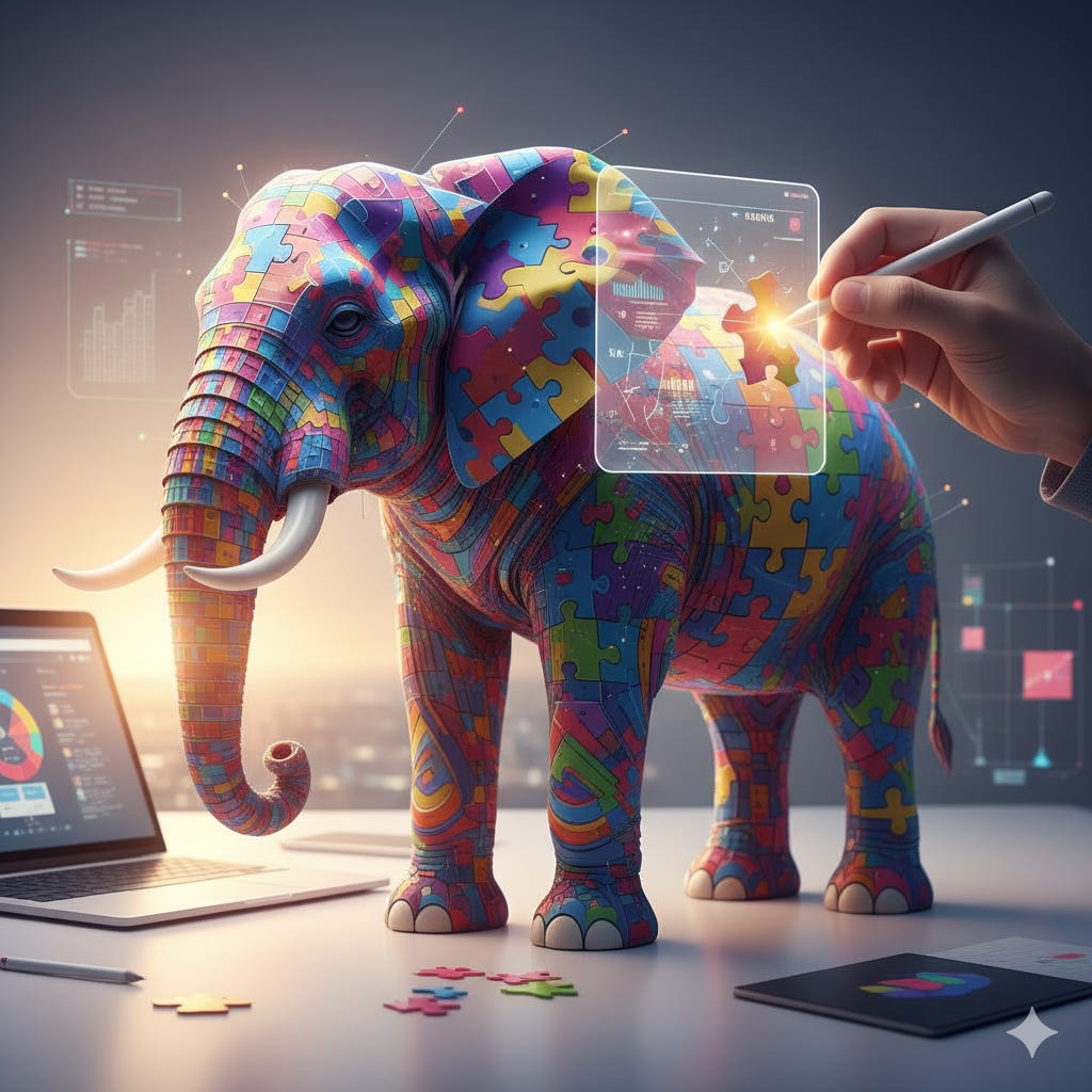 A highly detailed, colorful, 3D rendering of a large elephant standing on a clean, modern desk with a cityscape visible in the background. The elephant's skin is made up entirely of vibrant, interlocked puzzle pieces, symbolizing a complex problem or project. A hand is holding a stylus and interacting with a transparent, holographic screen overlaid on the elephant, specifically highlighting or segmenting a section of the puzzle. A laptop to the left displays charts and graphs, reinforcing the themes of data, analysis, and breaking down complexity. Visualized by Gemini A highly detailed, colorful, 3D rendering of a large elephant standing on a clean, modern desk with a cityscape visible in the background. The elephant's skin is made up entirely of vibrant, interlocked puzzle pieces, symbolizing a complex problem or project. A hand is holding a stylus and interacting with a transparent, holographic screen overlaid on the elephant, specifically highlighting or segmenting a section of the puzzle. A laptop to the left displays charts and graphs, reinforcing the themes of data, analysis, and breaking down complexity. Visualized by Gemini