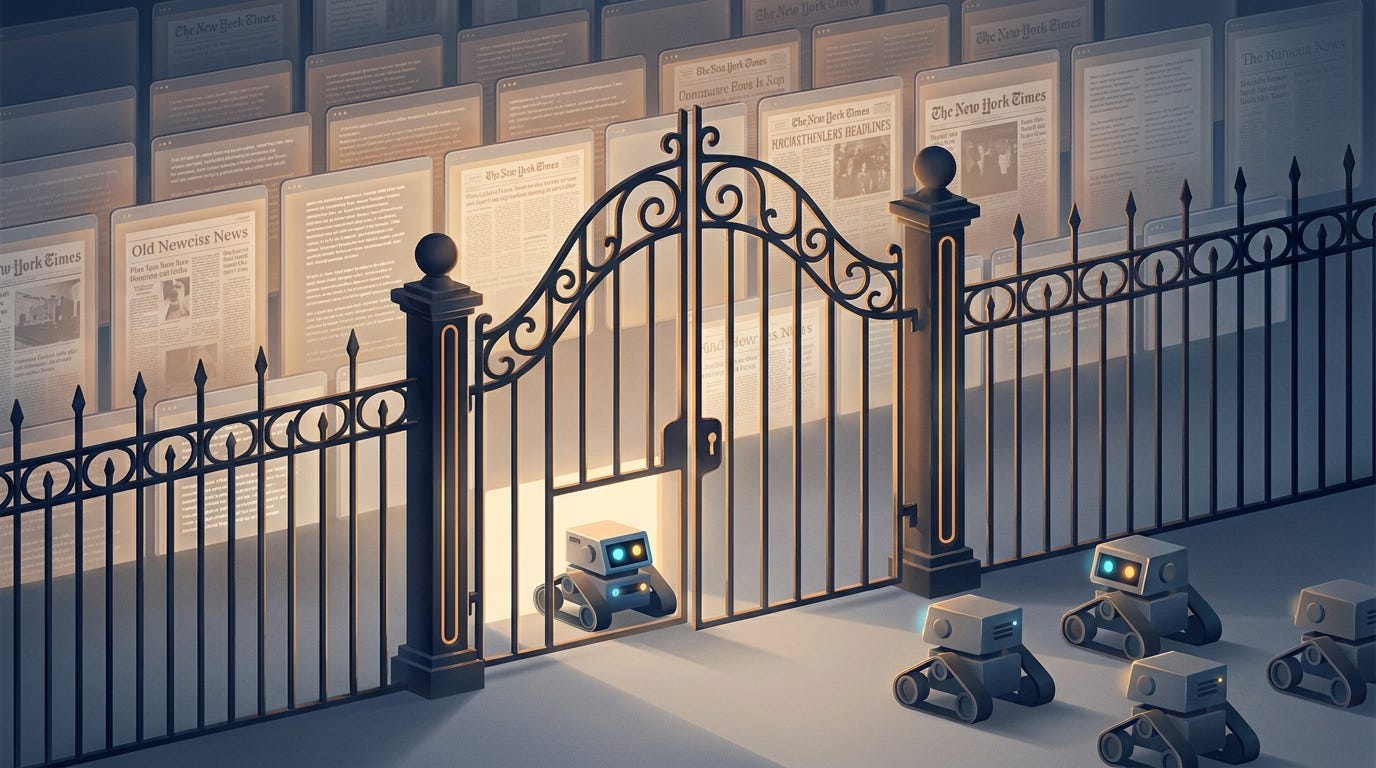 Ornate iron gate at the entrance of a digital newspaper archive with small robot crawlers approaching Ornate iron gate at the entrance of a digital newspaper archive with small robot crawlers approaching