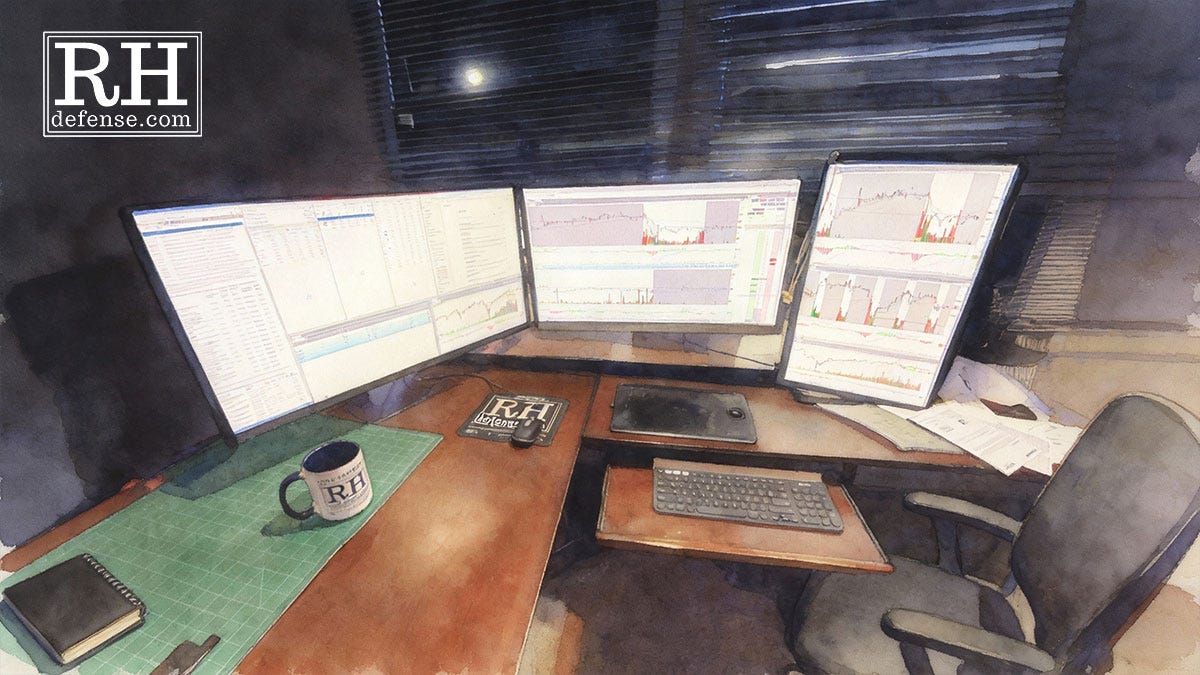 A nighttime trading workstation with three monitors displaying stock charts, viewed from an empty chair, softly rendered in a watercolor style.