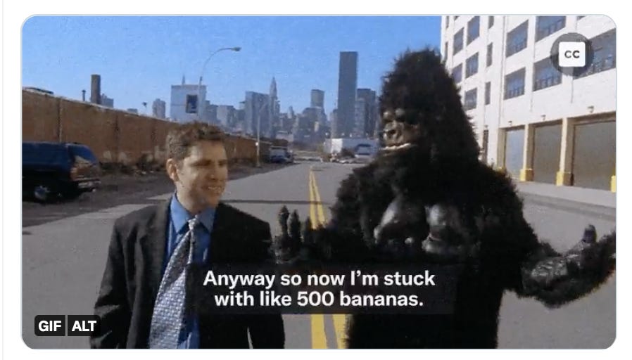 Screenshot of a video featuring a man walking with someone in a gorilla suit and Twitter's CC button in the top right-hand corner Screenshot of a video featuring a man walking with someone in a gorilla suit and Twitter's CC button in the top right-hand corner