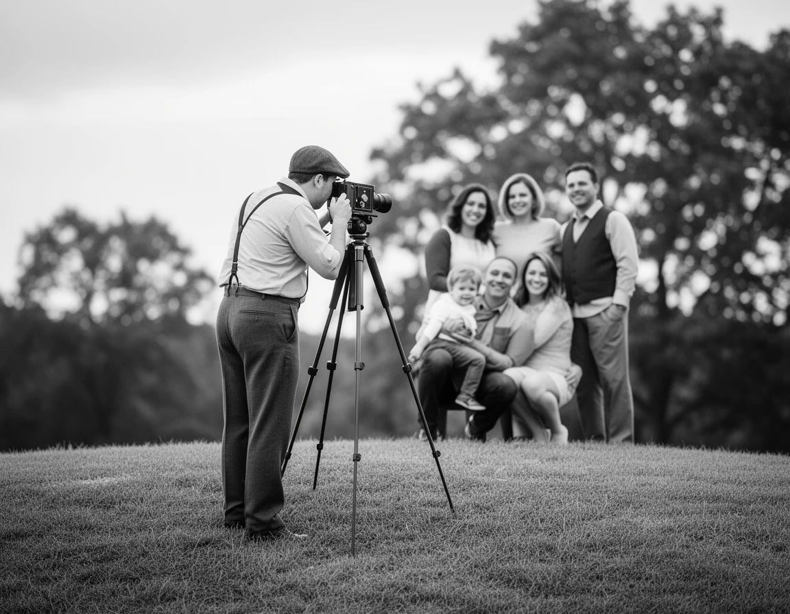 Black and white photo of photographer taking picture of family