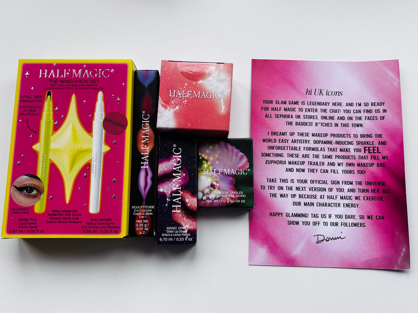 Half Magic Beauty UK launch press kit with a personal note from founder Donni Davy and a selection of viral makeup products." Half Magic Beauty UK launch press kit with a personal note from founder Donni Davy and a selection of viral makeup products."