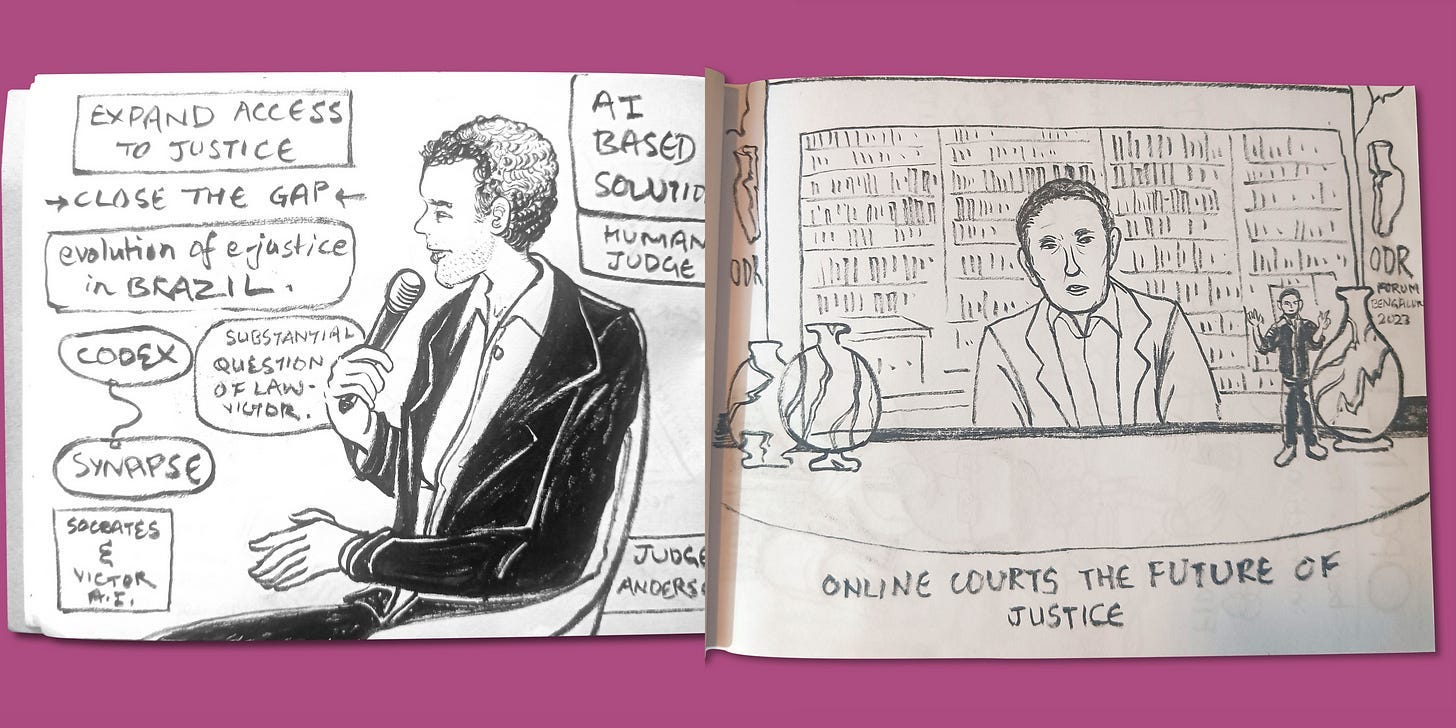 Sketch of a person holding mic to the left and to the right is a screen where a person is displayed and another man is in front of it standing holding a mic Sketch of a person holding mic to the left and to the right is a screen where a person is displayed and another man is in front of it standing holding a mic