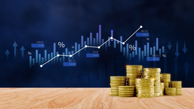Fund investment concept, Interest rate, percentage and arrow investment on coin instead of return return index fund and mutual fund return long term investment retirement fund. not ai
