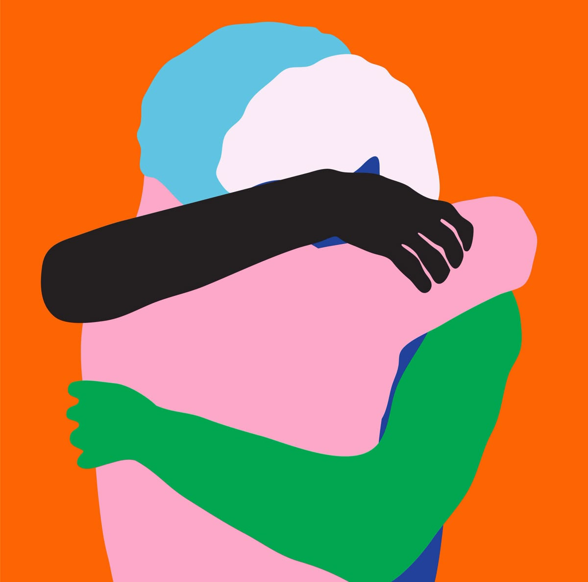 a graphic illustration of two people whose limbs are multicolored (ie: black arm. green arm, pink body, blue hair). They are hugging. 