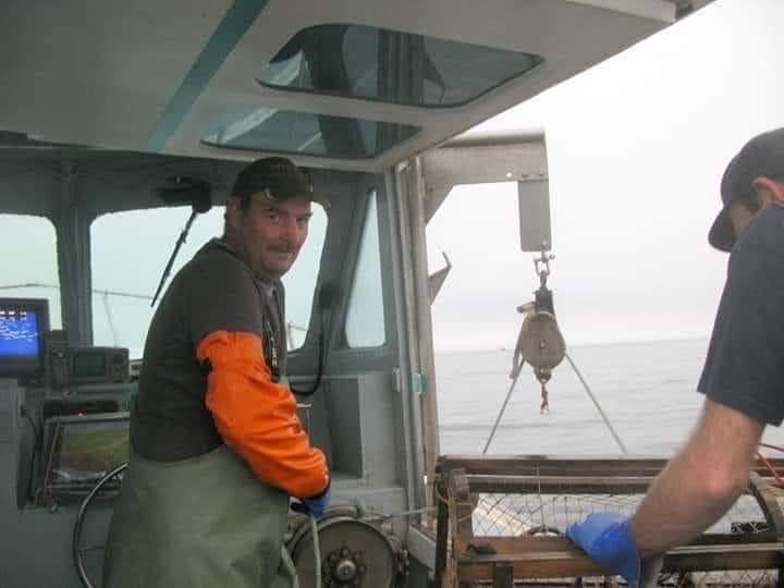 Right: man standing on a fishing boat on the water. Right: man sitting a harbour ledge behind a vehicle. 