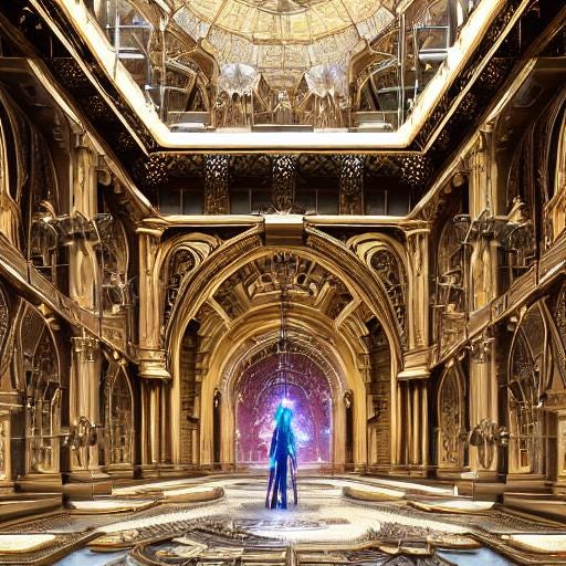 A glowing enigmatic figure stands in the lower levels of a cavernous baroque chamber