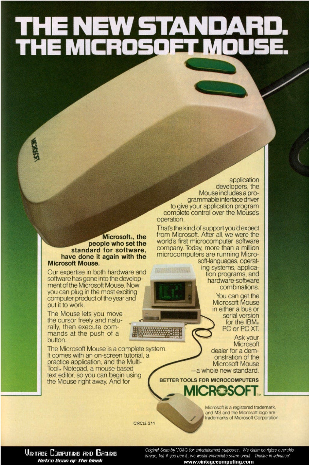 Full page advertisement for the first Microsoft mouse It is white with two green buttons. Full page advertisement for the first Microsoft mouse It is white with two green buttons.