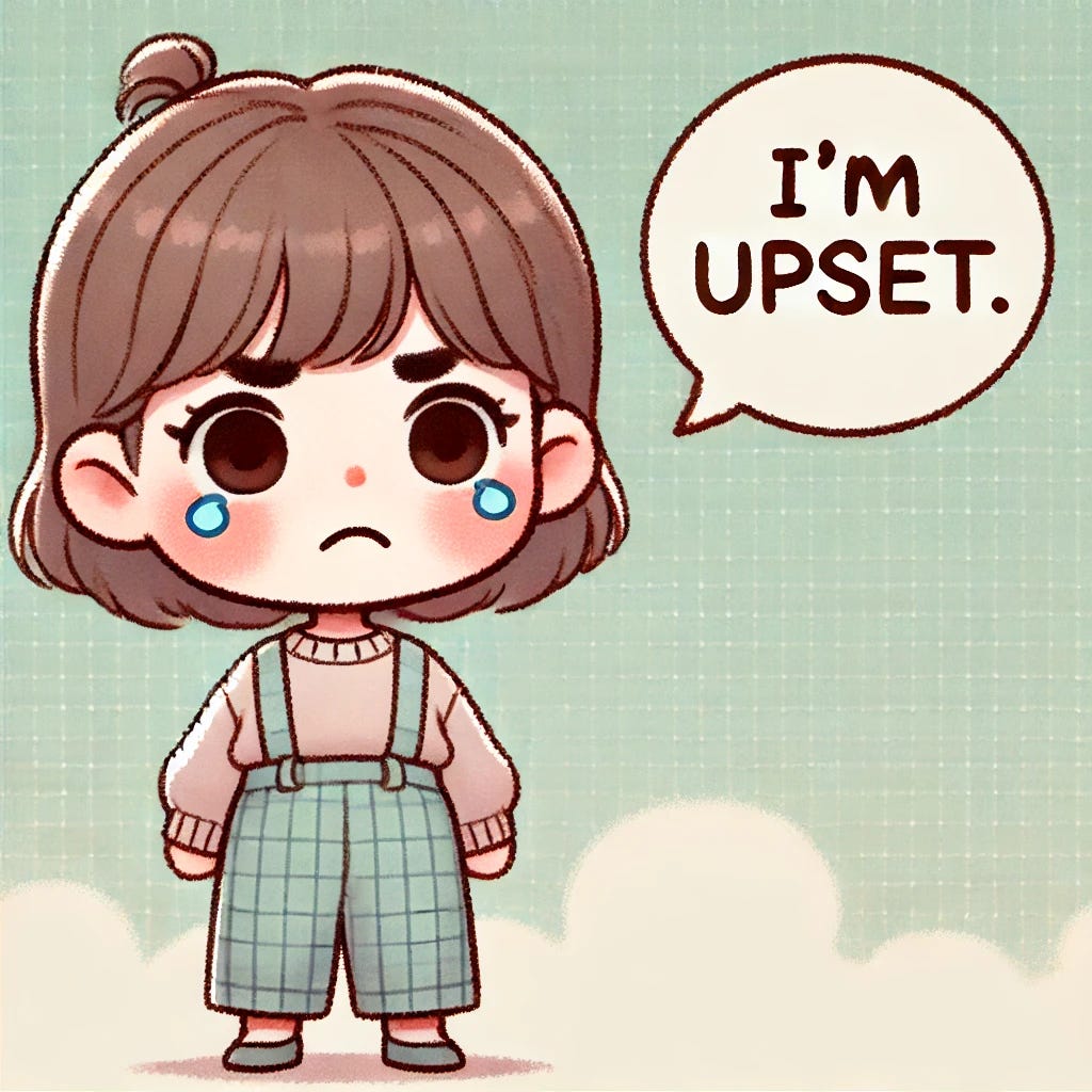 A cartoon illustration of a young child resembling the style of the provided image. The child has a similar hairstyle and clothing but is now standing with an upset expression, looking distressed. Her arms are slightly raised, and a speech bubble above her says, 'I'm upset.' The background is simple with soft pastel tones, focusing on the child and her emotion.