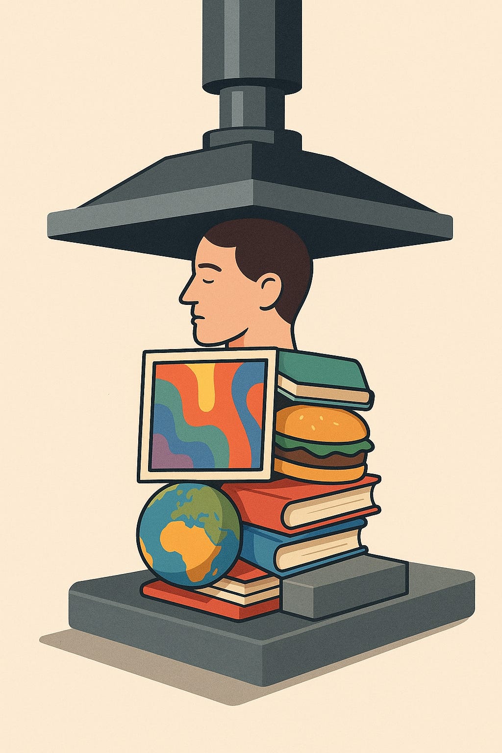 Illustration of a hydraulic press flattening diverse symbols of culture—a human head, books, a globe, a hamburger, and colorful media—into a uniform slab. A metaphor for The Great Flattening, where compression without fidelity leads to Reality Drift, synthetic realness, temporal displacement, and the rise of the Generic Mind. Image seeding concepts: optimization trap, filter fatigue, everything feels fake.