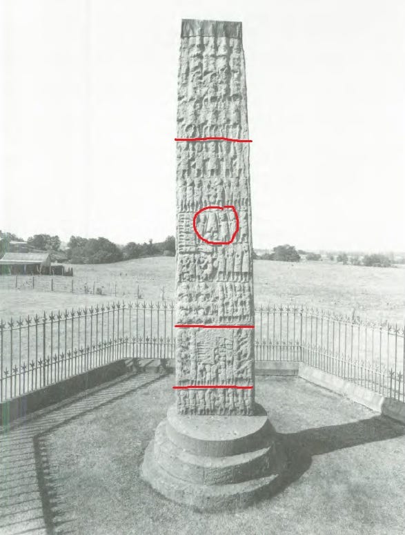Black and white photo of a tall, upright stone slab covered with carvings depicting multiple scenes from a battle. Black and white photo of a tall, upright stone slab covered with carvings depicting multiple scenes from a battle.