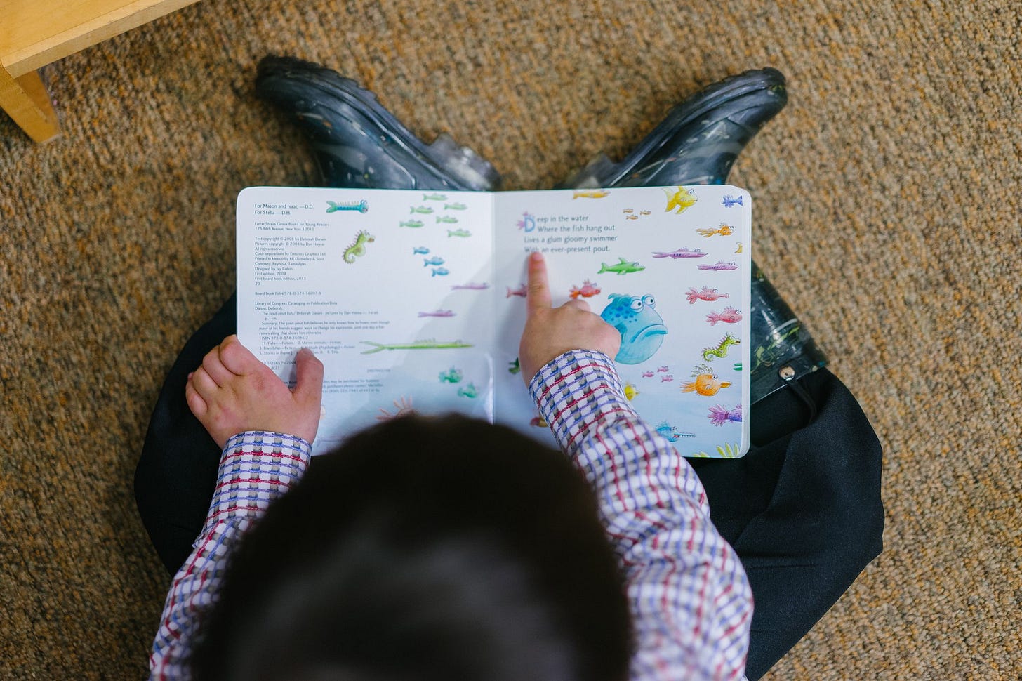 A top-down shot of a kid reading a children's book A top-down shot of a kid reading a children's book