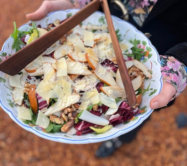 Arugula and Endive and Radicchio Salad with Pear, Toasted Nuts, and Shaved Parmesan