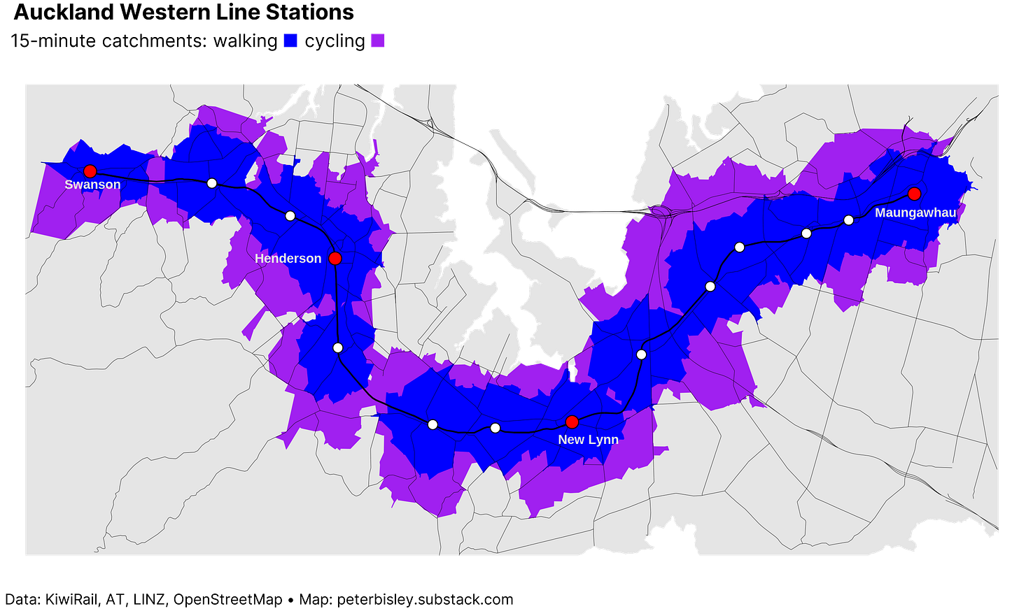 Catchment isochrones for 15 minutes walking and cycling from Auckland's Western Line stations